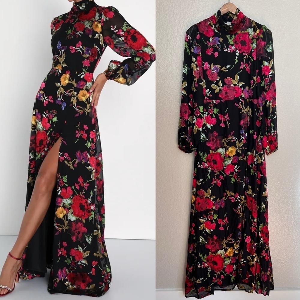 Graceful Arrival Black Floral Burnout Backless Maxi Dress